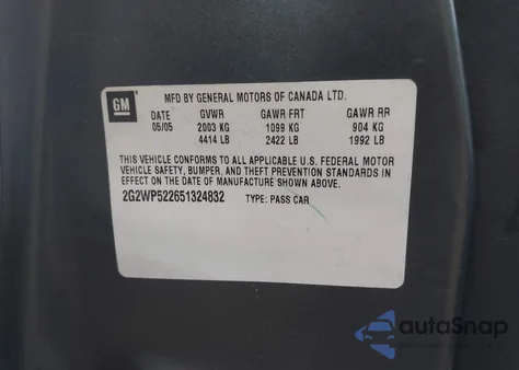 2005 Pontiac Grand Prix z USA, uszkodzony, nr VIN 2G2WP522651324832